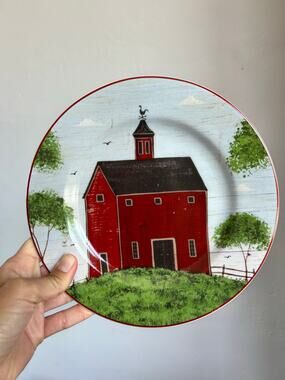 Warren Kimble Sakura Red Barn Plate, Folk Art Salad Plate, Farmhouse Decor